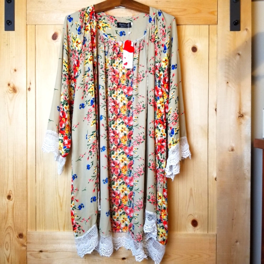 Relipop Cotton Blend Floral Crochet Lace Detail Open Front Cardigan Kimono NWT